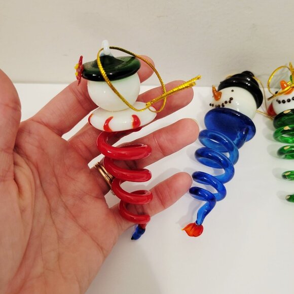 3 Blown Glass Spiral Dangling Snowman Face Top Holiday Christmas Ornaments - Picture 4 of 8